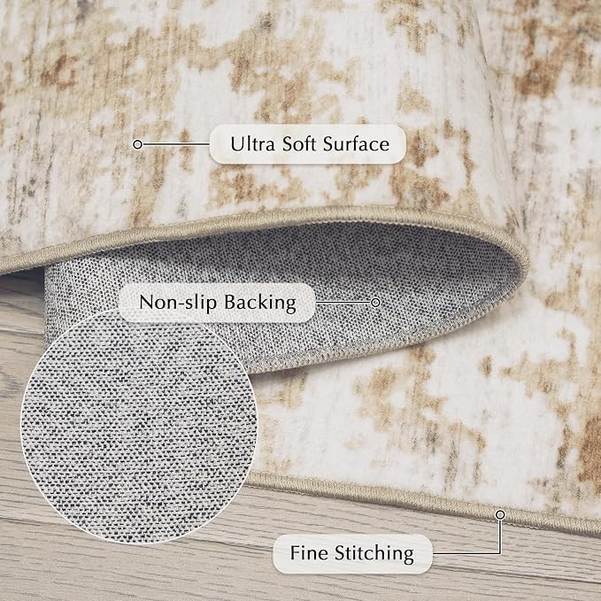 FMFUNCTEX 4x6 Washable Area Rug Abstract Modern Neutral Brown Grey Non Slip Soft Low Pile Thin Accent Entryway Entrance Indoor Carpet for Living Room Bedroom Dining Office Nursery Bedside, Grey Gold