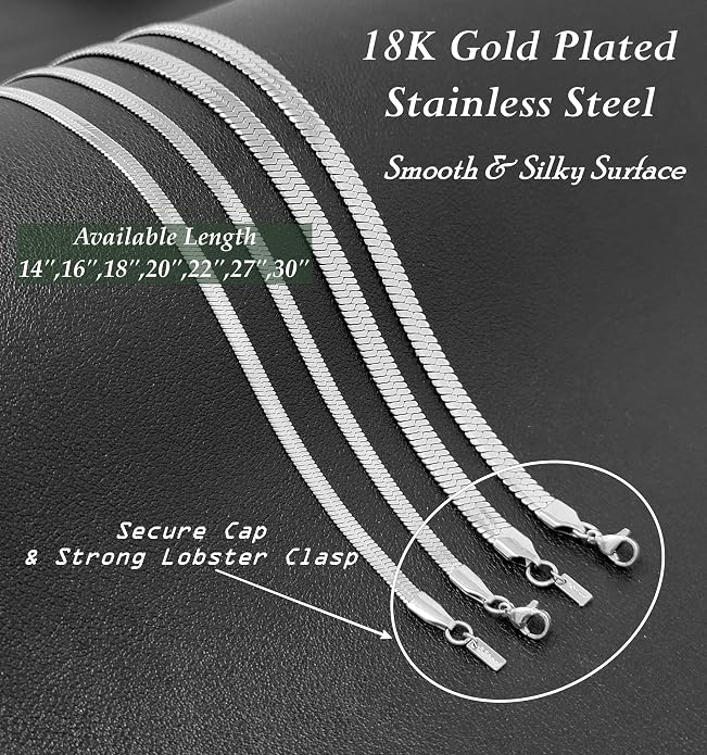 Herringbone Chain 316L Stainless Steel 14,16,18,20,22,24,27,30 inches Necklace for Men and Women in Gold, Silver Tone