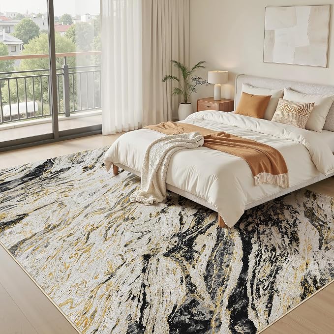 Area Rugs for Living Room: 12X15 Abstract Washable Rug Modern Neutral Large Soft Stain Resistant Non-Slip for Bedroom Dining Room Indoor Home Office Carpet - Black Gold