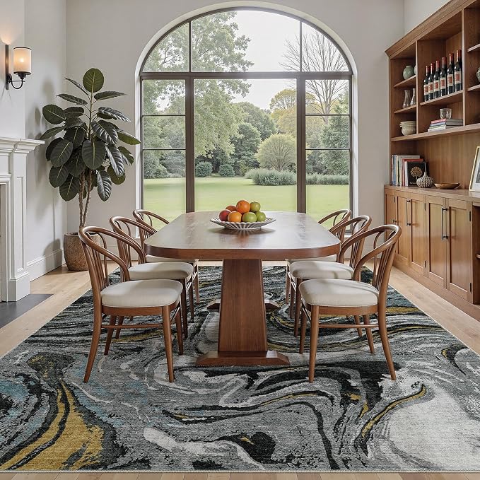 DMOYEST 6x9 Area Rug for Living Room - Washable Neutral Modern Abstract Rugs Soft Non-Slip Carpet Low Pile Indoor Floor Mat for Bedroom & Dining Room Decor for Families with Kids and Pet-Black Golden