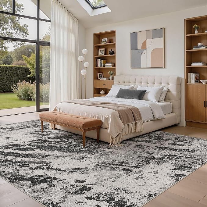 DMOYEST 8x10 Washable Area Rug: Abstract Modern Non-Slip Carpet, Soft Low Pile Indoor Neutral Easy Clean Floor Rugs for Living Room Bedroom Dining Room Kids & Pets - Black