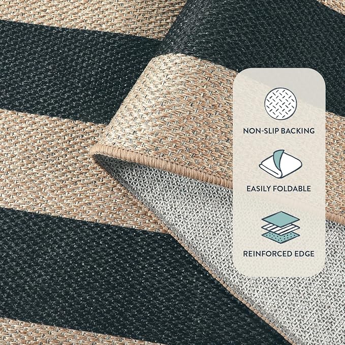 Lahome Striped Easy Jute Dining Room Rug, 6x9 Outdoor Area Rugs Washable | Porch Patio Living Room Rug Black, Modern Farmhouse Neutral Non Slip Low Pile Indoor Carpet for Bedroom Office Backyard