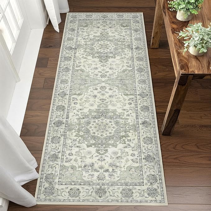 Sage Green Washable Hallway Runner Rug - 2x6 Kitchen Rug Distressed Low Pile Mats Non Slip Soft Rugs for Dining Room with Rubber Backing Bedroom Runner with Vintage Design (Green 2x6)