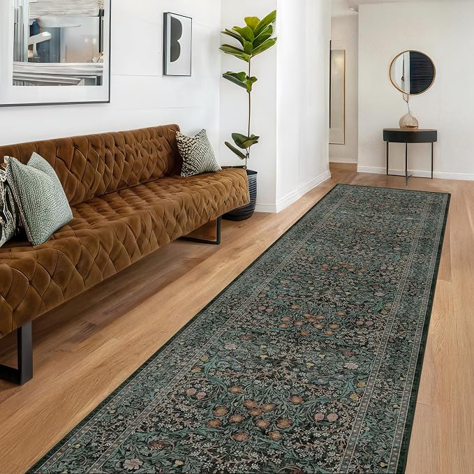 Dark Green Washable 3x20 Extra Long Runner Rug for Hallway Non Slip, Large Kitchen Indoor Floor Rugs for Entryway Hall Way, Soft Stain Resistant Low Pile Vintage Floral Carpet