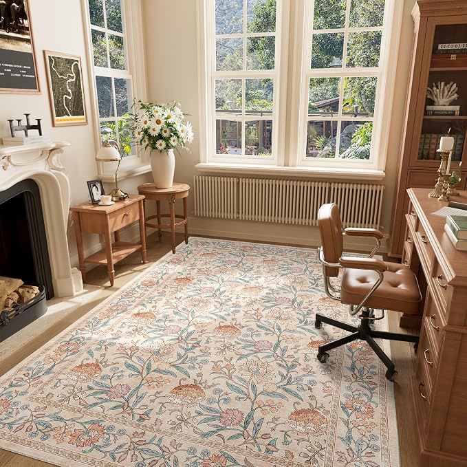 DUKINO 5x7 Area Rugs, Vintage Floral Washable Rug for Living Room, Beige | Non Slip, Low Pile, Non-Shedding, Stain Resistant Lightweight Boho Soft Carpet for Bedroom Home Office Dining Room Farmhouse