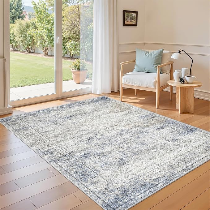 4x6 Area Rug for Entryway,Washable Kitchen Rug,Blue | Small Rug for Hallway,Bedroom,Living Room,Dining Room,Thin,Soft, Neutral Rug,Stain Resistant Indoor Carpet,Non Slip