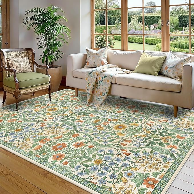 5×7 Grass Green Washable Floral Area Rug,Vintage Boho Soft Low-Pile Living Room Rugs, Stain Resistant Botanical Non-Slip Carpet for Bedroom,Dining Room, Kids Nursery,Home Decor