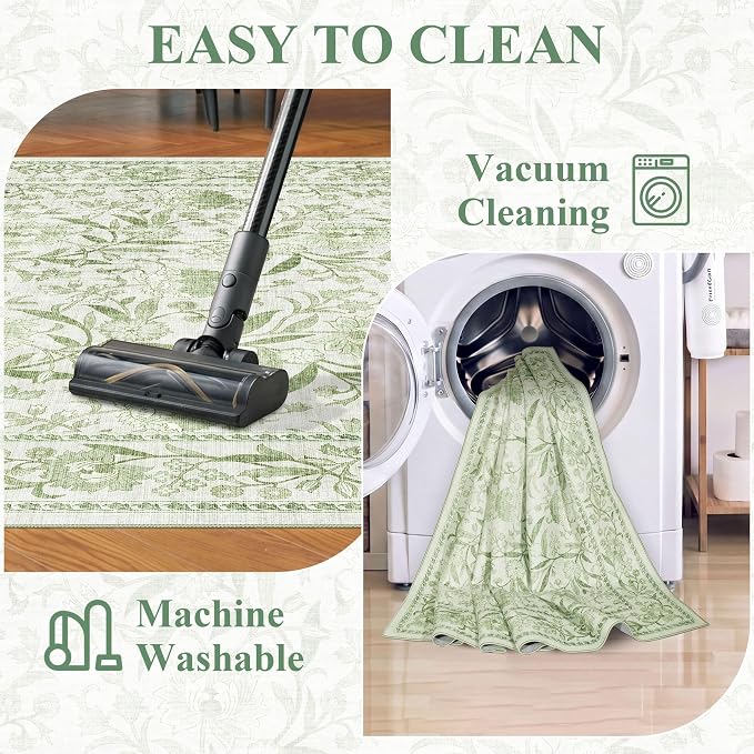 DUKINO 2x4 Rug, Washable Vintage Floral Entryway Rug Non Slip, Sage Green | Low Pile, Non-Shedding, Stain Resistant Boho Lightweight Soft Indoor Carpet for Kitchen Bathroom Hallway Laundry Farmhouse