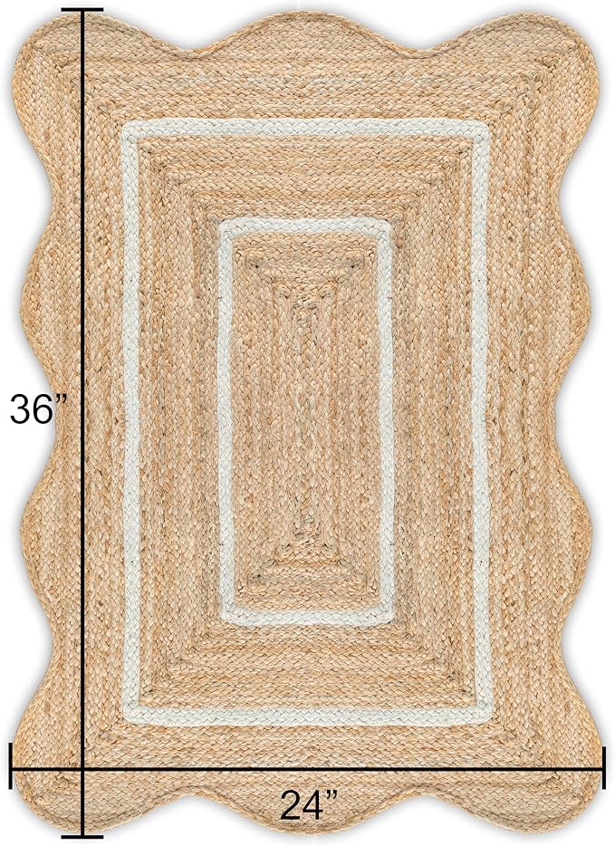 Wave Scalloped Natural Jute Rug Boho Jute Rug Entryway Runner Rug Farmhouse Scallop Rug, Off White (2'x3')