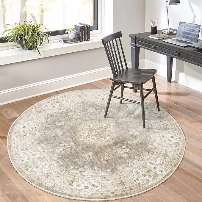 MUJOO Beige Round Rug 5ft,Circle Washable Area Rug Non Slip Low-Pile Floral | Circular Rugs for Bedroom Living Room Dining Room Bathroom Boho Throw Carpet Soft Floor Indoor Vintage Bohemian Flowers