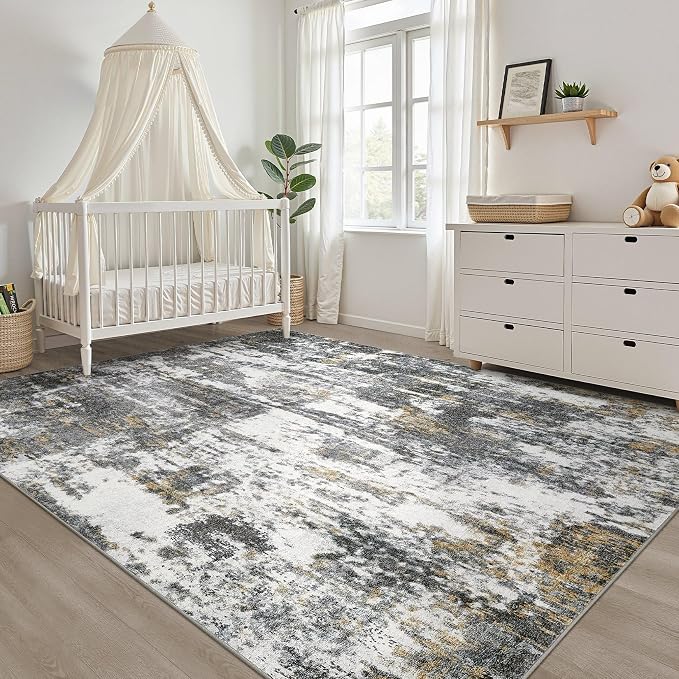 8x10 Area Rugs Living Room: Washable Large Neutral Rug Abstract Soft Modern Stain Resistant Indoor Floor Non-Slip Carpet for Bedroom Nursery Kids Office Playroom Dining Room- Black White Gold