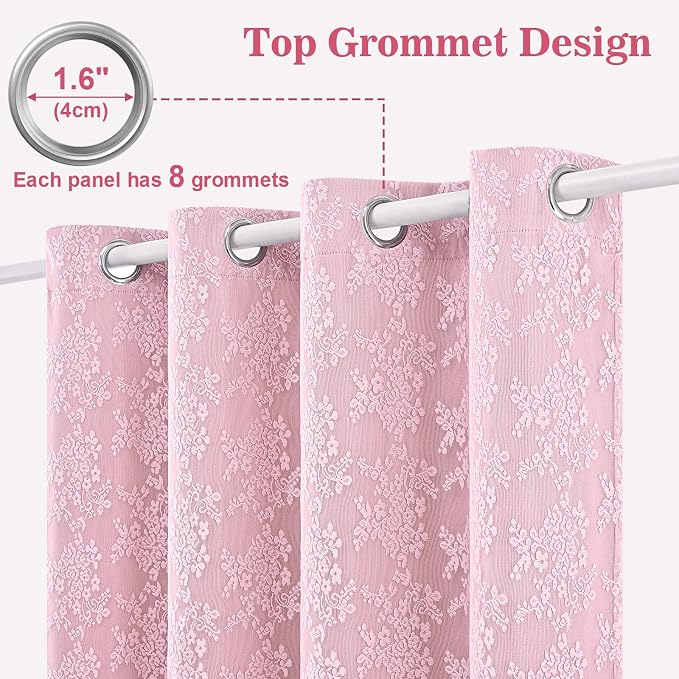 Yinhua Pink Blackout Curtains Double Layer Curtains for Bedroom 63 Inch Length Nursery Curtain for Living Room, Grommet Drapes with Tiebacks, 2 Panels, 52" W x 63" L