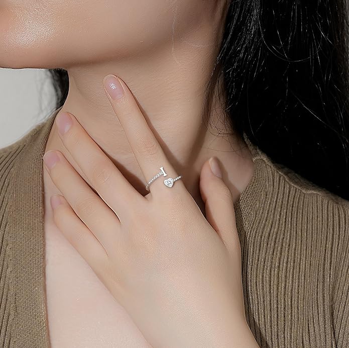 Step Forward 925 Sterling Silver Adjustable Initial Ring for Women | Non Tarnish Letter Rings for Lady | Alphabet Heart Thumb Rings | Capital Letter Jewelry Gifts