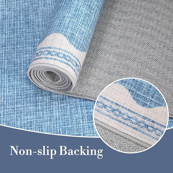 4ft Scalloped Round Rug Blue Washable Living Room Bedroom Area Rugs | Small Solid Rug for Bedroom Girls, Non Slip Scalloped Round Bath Mat, Soft Dorm Nursery Carpet for Bedside