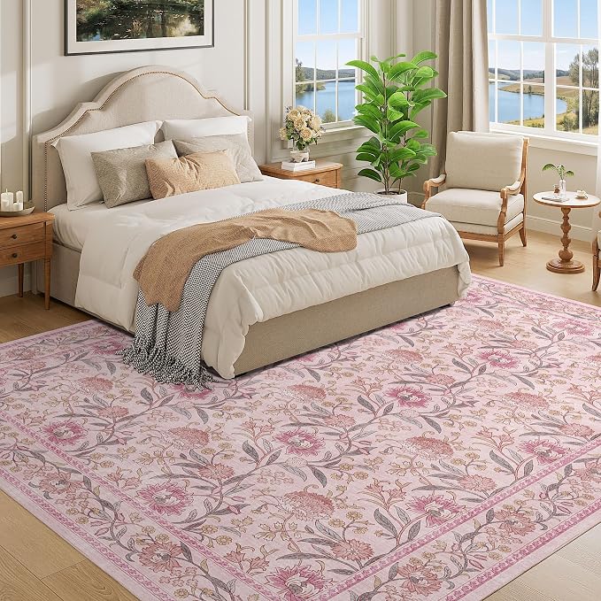 DUKINO 8x10 Area Rug, Vintage Floral Washable Rugs for Living Room, Pink | Non Slip, Low Pile, Non-Shedding, Stain Resistant Boho Soft Indoor Large Carpet for Bedroom Dining Room Farmhouse, Home Decor