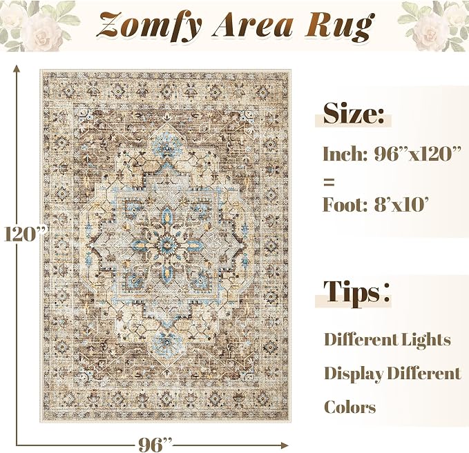 Area Rug 8x10 Vintage Rug: Large Washable Indoor Medallion Rugs Low Pile Distressed Floor Carpet Retro Accent Rug for Living Room Bedroom Kitchen Dining Table Home Office(Brown/Blue, 8'x10')