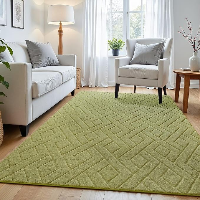 Macgace Ultra Soft Green Area Rug for Bedroom, 4x6 Modern Geometric Shag Rugs with Nonslip Backing for Living Room, Washable Fuzzy Carpet for Cozy Kids Room