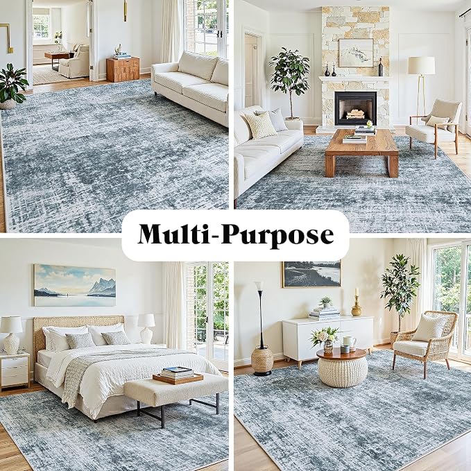 10x14 Area Rugs Washable Rug: Anti-Skid Abstract Modern Living Room Rug Soft Thin Carpets Indoor Floor Non-Shedding Carpet for Bedroom Dining Nursery Home Office (Light Slate Blue/White,10'x14')