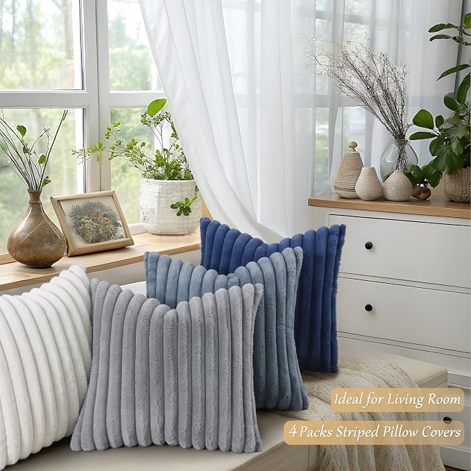 decorUhome Fall Faux Fur Throw Pillow Covers 20x20 Set of 4 Blue/Grey | Decorative Modern Farmhouse Soft Cozy Striped Pillow Cases Velvet Back for Sofa Bed Living Room Classic Accent Home Decor