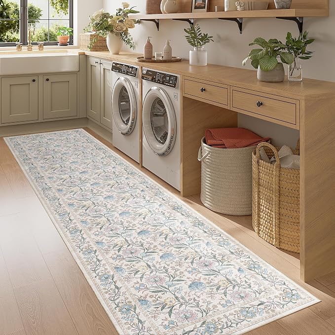 DUKINO 2x10 Runner Rug for Hallway, Washable Vintage Floral Rug, Cream Blue | Non Slip, Low Pile, Non-Shedding, Stain Resistant Soft Long Runner Carpet for Kitchen Bathroom Entryway Bedroom Farmhouse