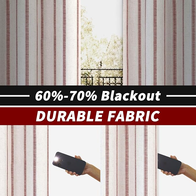 DriftAway Farmhouse Linen Stripe Blackout Curtains, W52xL84, Red | Blackout, Linen Texture, Stripe Pattern, Grommet, Two Layers, Bedroom Living Room Use, Sound Reducing Design