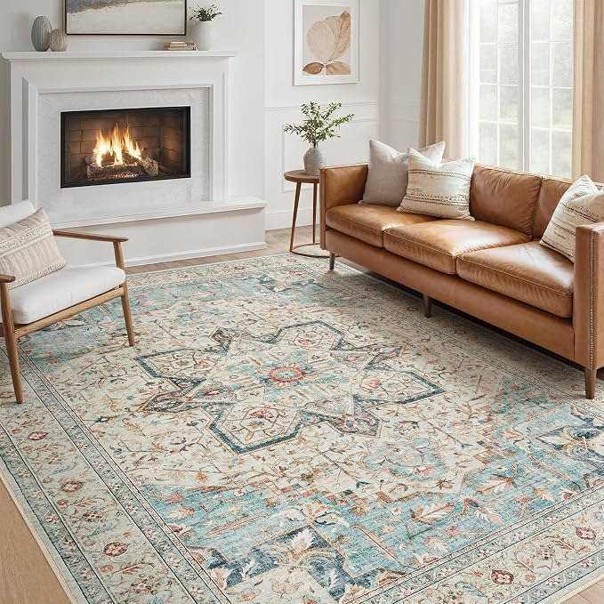 Tortania Area Rug Living Room Rugs - 12x15 Washable Boho Rug Vintage Oriental Distressed Farmhouse Large Thin Indoor Carpet for Living Room Bedroom Under Dining Table Home Office - Aqua Multi