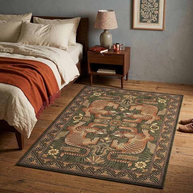 GarveeHome 3x5 Tiger Washable Area Rug for Entryway, Boho Green Bedroom Rug Non Slip Vintage Tribal Soft Animal Print Carpet Stain Resistant Throw Rug for Kitchen Dorm Kids Room Office Dining Room