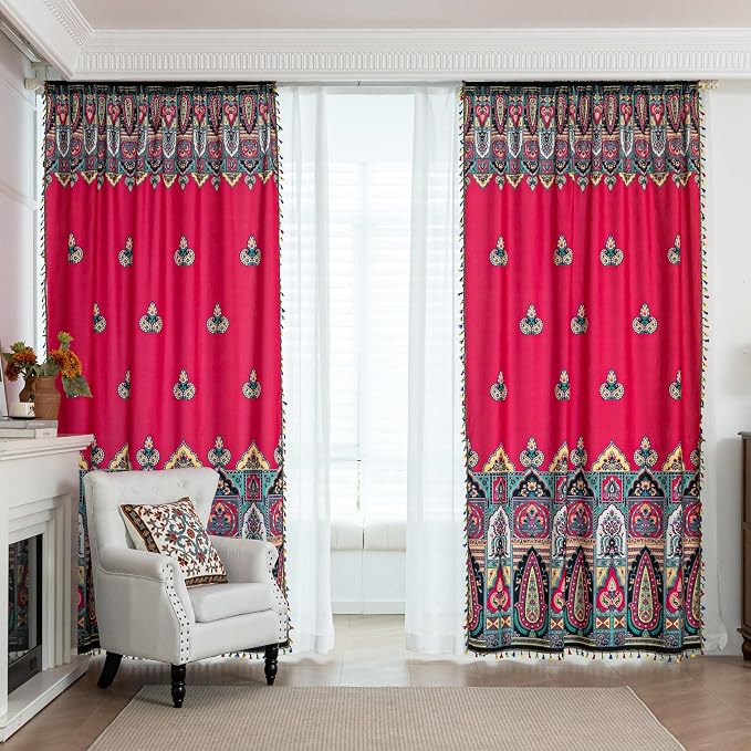 Red Paisley Curtains 96 Inches Long, Boho Farmhouse Light Filtering Rod Pocket Drapes with Tassel Trim for Bedroom Living Room, 2 Panels