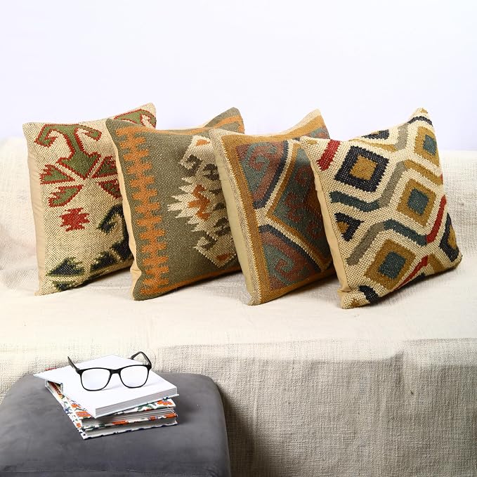 Trade Star Set of 4 Kilim Pillow Covers Handmade Jute Wool Cushion Covers Boho Tribal Geometric Throw Pillow Cases Vintage Ethnic Decorative Sofa Couch Farmhouse Home Decor 18x18 Inch