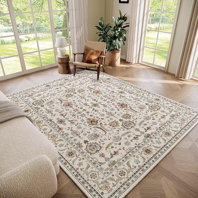 Boho Washable 5x7 Area Rugs for Living Room, Cushioned, Beige | Vintage Non-slip Rugs for Bedroom Dining Room Nursery Office, 0.3" Neutral Oriental Throw Thin Carpet, Beige/Sage Green