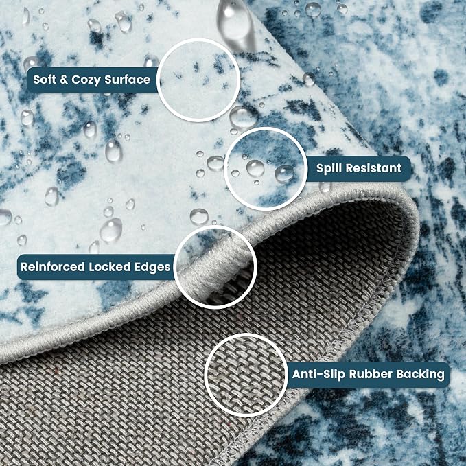 8x10 Rugs for Living Room - Modern Abstract Washable Rug, Ultra Soft Non Slip Low Pile Large Rugs, Floor Carpet for Bedroom Dining Room Office Laundry Nursery Home（Ocean Blue）
