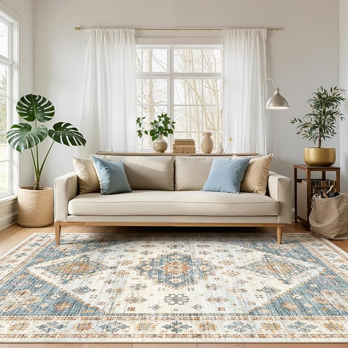 Roxstand 5x7 Washable Area Rugs, Non Slip Living Room Rug Blue/Beige | Low Pile Vintage Rug, Stain Resistant, Non-Shedding Design, Pet & Kid Friendly, Carpet for Bedroom, Dining Room Office