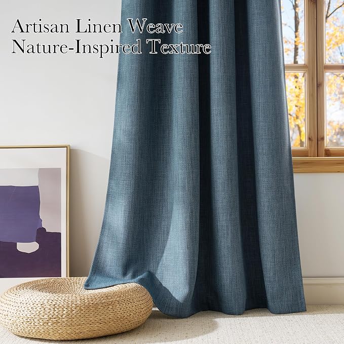 NICETOWN Short Faux Linen Mist Blue Blackout Curtains 63 inches Long for Kitchen - Privacy Panels for Living Room Bedroom, Modern Farmhouse Style Easy Care Grommet Top, 2 Panels, W42 by L63