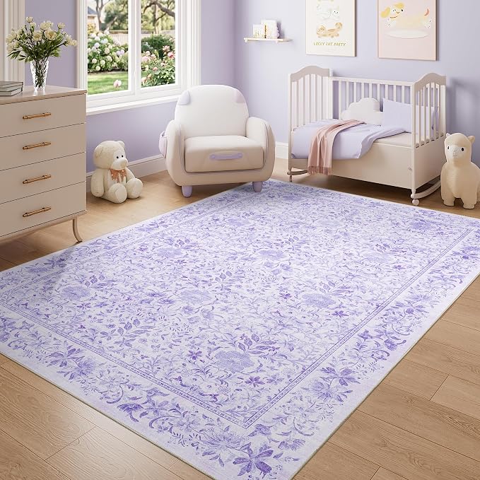 DUKINO 5x7 Area Rugs, Vintage Floral Washable Rug for Living Room, Purple | Non Slip, Low Pile, Soft, Lightweight, Boho Indoor Carpet for Bedroom, Office, Dining Room, Dorm Room, Farmhouse, Home Decor