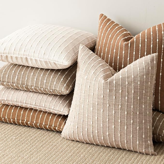 Foindtower Pack of 2 Decorative Jacquard Boucle Throw Pillow Covers Accent Textured Striped Pillowcases Cozy Modern Cushion for Couch Sofa Bedroom Living Room Home Decor 18x18 Inch Cream White