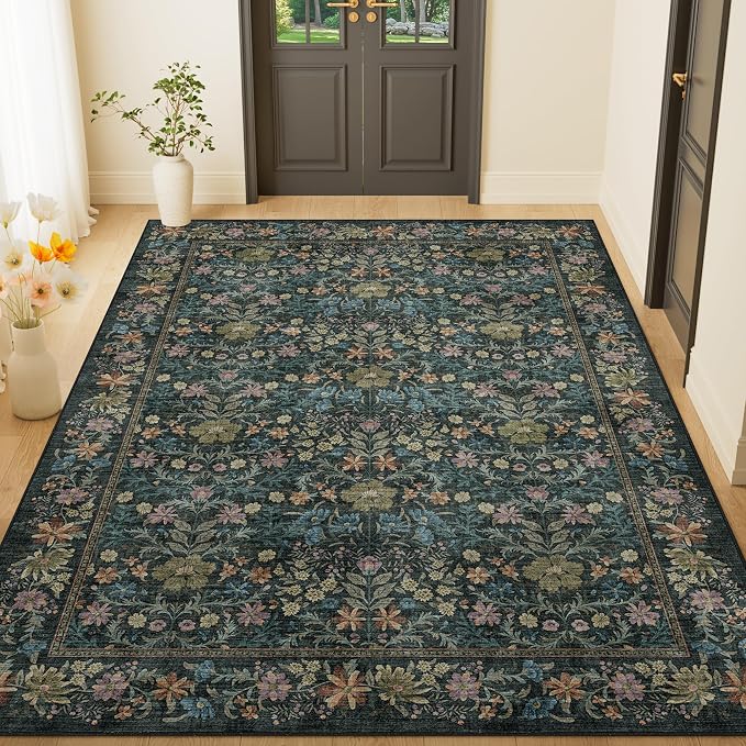 DUKINO 4x6 Rug for Living Room, Washable Vintage Floral Area Rug, Blue | Non Slip, Low Pile, Non-Shedding, Aesthetic Lightweight Soft Indoor Carpet for Bedroom Kitchen Bathroom Entryway Farmhouse