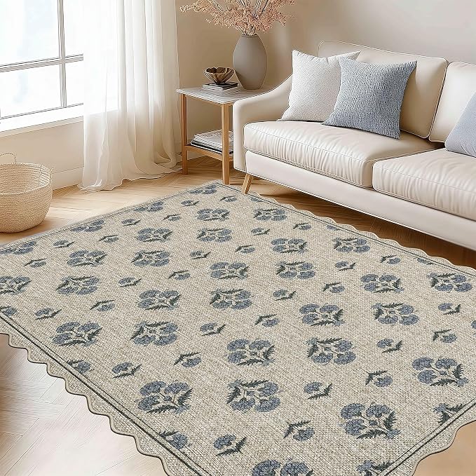 ORTIGIA Scalloped Easy Jute 3x5 Area Rug Vintage Blue Block Floral Farmhouse Washable Rug Non-Slip Indoor Outdoor Carpet for Living Room Bedroom Kitchen Patio Entryway