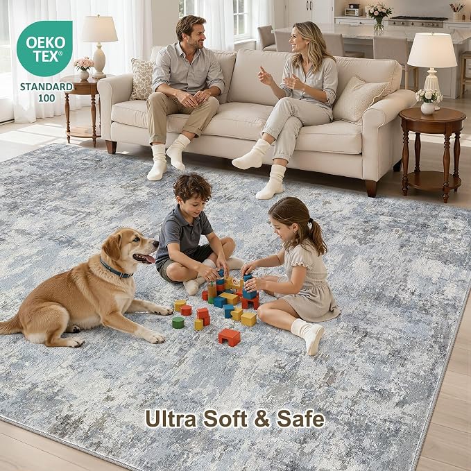 6x9 Area Rug, Non Slip Low Pile Washable Large Rug for Living Room | Soft Modern Abstract Carpet, Stain Resistant Kid & Pet Friendly, Made for Dining Room, Nursery, Office Indoor - Blue Gray