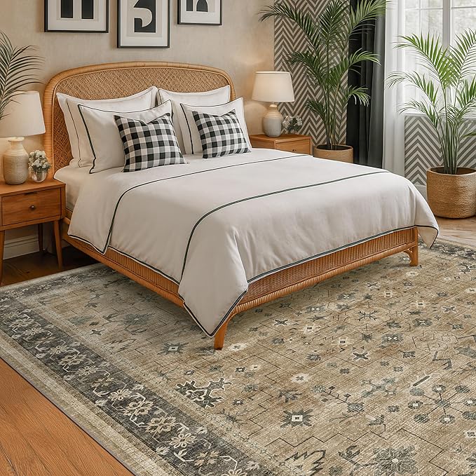 Warm Taupe Sage 9x12 Living Room Rug - Vintage Extra Large Area Rugs for Dining Room Under Table, Washable Low Pile Carpet for Bedroom Under the Bed, Non-Slip Stain & Fade Resistant