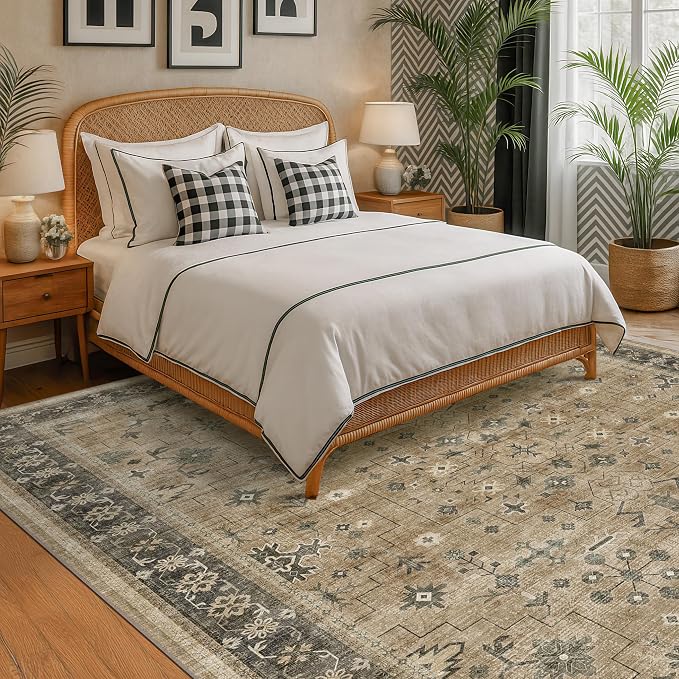 Taupe and Sage 8x10 Living Room Rug, Oriental Large Area Rug for Dining Room Under Table, Natural Washable Low Pile Bedroom Carpet, Non-Slip Stain Resistant Indoor Door Mat