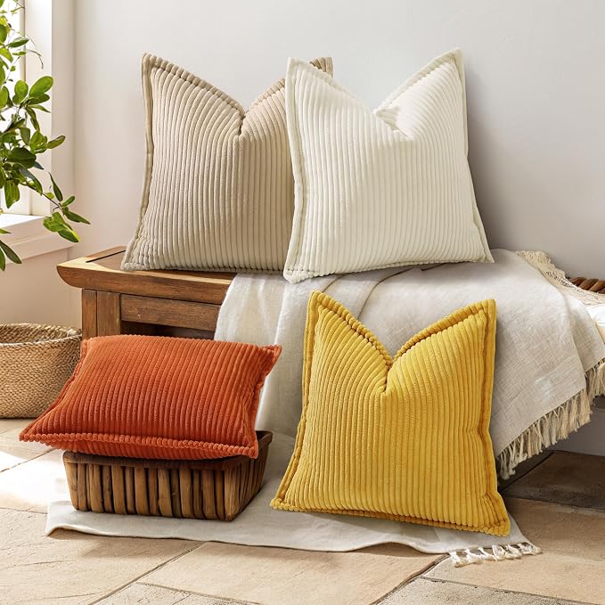 decorUhome Fall Corduroy Mustard Yellow Throw Pillow Covers 22x22 Set of 2 | Euro Sham Couch Decorative Soft Modern Boho Farmhouse Pillow Covers Broadside Striped Pillow Cases for Living Room Bed Sofa