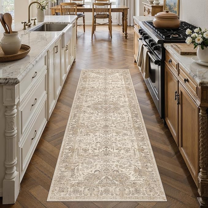 HUGEAR 2x6 Runner Rug Beige Machine Washable Area Rug Room Decor Hallway Rugs Vintage Distressed Low Pile Carpet Non Slip Rugs for Kitchen Laundry Living Soft Lightweight