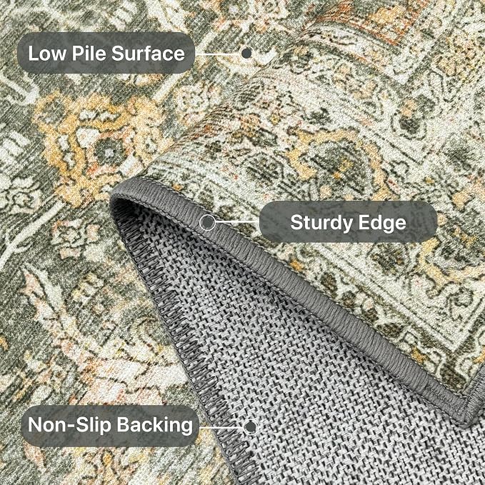 BESBLEE 9X12 Area Rugs for Living Room Bedroom Dining Room, Machine Washable Vintage Boho Large Rugs, Non Slip Indoor Soft Distressed Lightweight Thin Low Pile Carpet, Turmeric