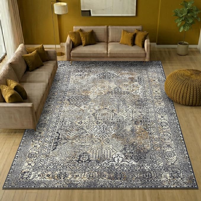 Keen Home Design 9x12 Rug - Machine Washable Area Rug with Non-Slip Backing, Ideal for Living Room, Dining Room, Bedroom - Vintage, Easy Clean, Durable, Low Pile Rug - (9' x 12')