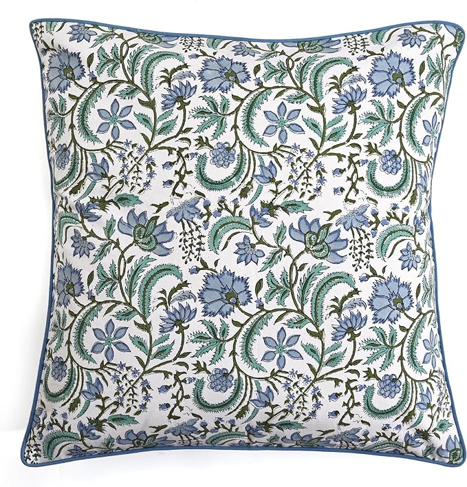 Ridhi Block Print Columbia Blue Pillow Cover 18" x 18" (Pack of 2) Decorative Couch Pillows for Living Room, Chic Boho Cute Outdoor Pillows Covers Gifts for Spring, Easter and Valentine