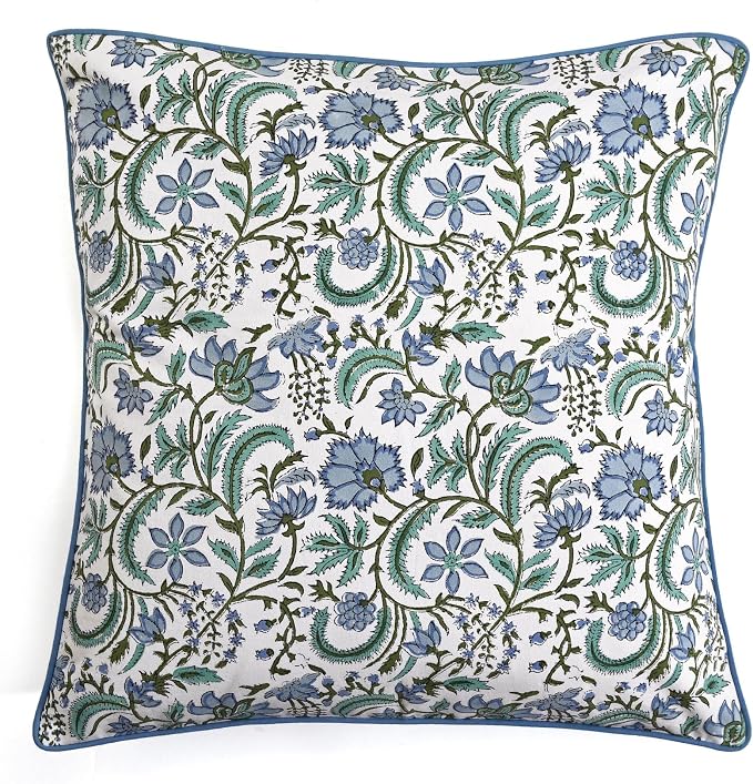 Ridhi Block Print Columbia Blue Pillow Cover 24" x 24" (Pack of 2) Decorative Couch Pillows for Living Room, Chic Boho Cute Outdoor Pillows Covers Gifts for Spring, Easter and Valentine