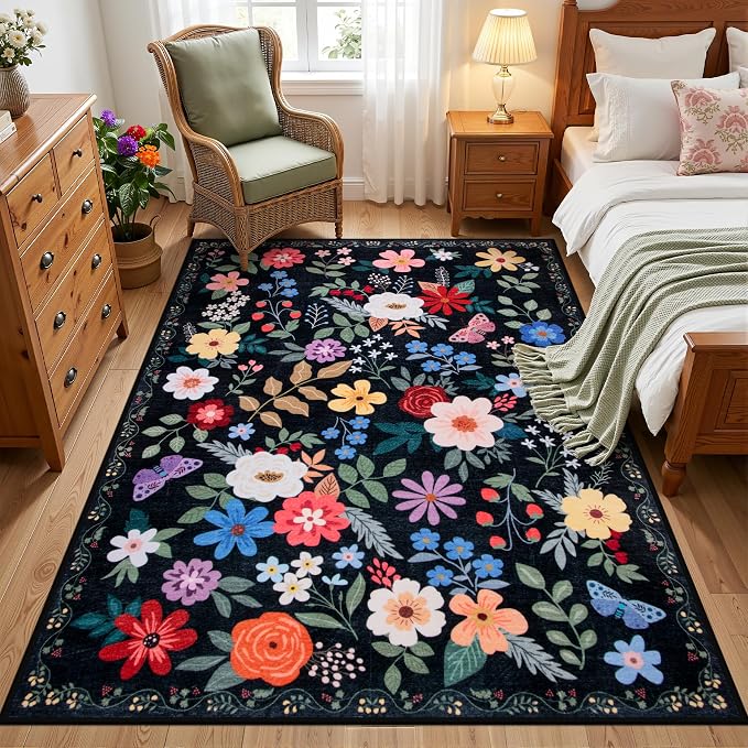Area Rug Living Room Rugs: Floral 3x5 Washable Rug Vintage Soft Boho Non-Slip Carpet Indoor Floor Stain Resistant Large Carpets for Bedroom Dining Room Farmhouse Nursery Hallway Black