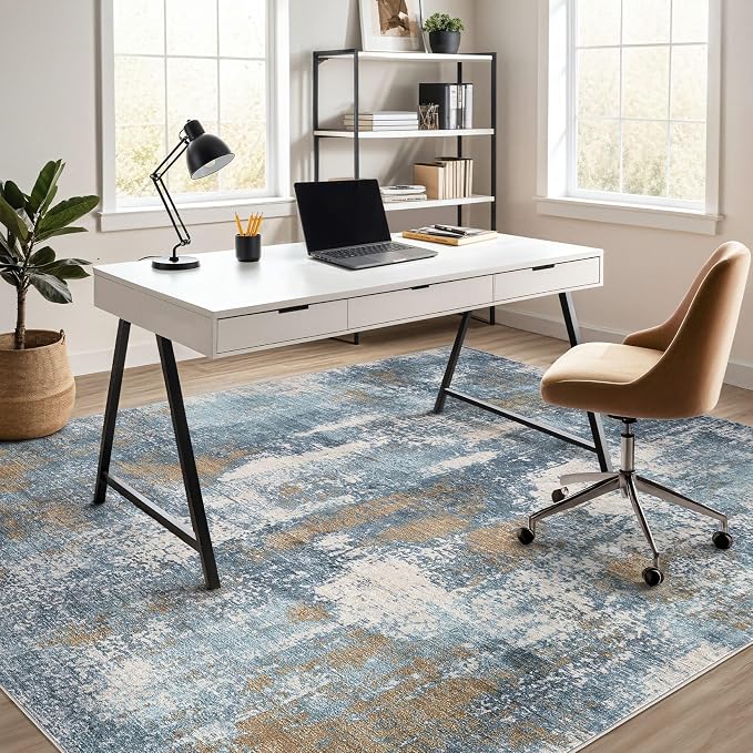DMOYEST Area Rug Living Room Rugs - 6x9 Washable Soft Indoor Neutral Modern Abstract Low Pile Rug Carpet for Bedroom Dining Room Farmhouse Home Office - Blue Brown