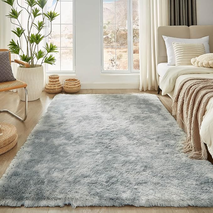 Floralux 5x7 Area Rug for Bedroom, Tie-Dye Light Grey, Living Room Shag Rugs, Non-Slip Shaggy Floor Carpet for Teens Dorm, Bedside, Playroom, Nursery, Home Decor Aesthetic