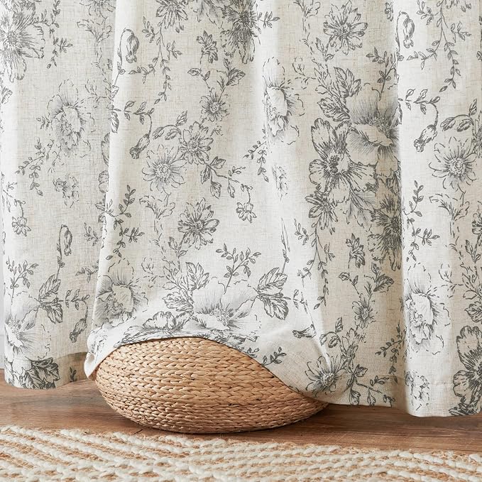 jinchan Grey Floral Linen Curtains 96 Inch Farmhouse Back Tab 2 Panels | Light filtering drapes, semi sheer, farmhouse, cottagecore, rustic, living room, bedroom, rod pocket, window treatment